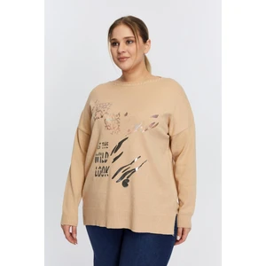 Büyük Beden Kayık Yaka Leopar Desen Baskılı Triko Vizon