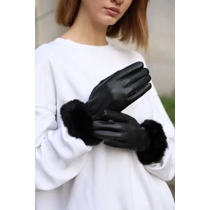 REMSA Peluş Detay Kadın Deri Eldiven Eld-20 Siyah