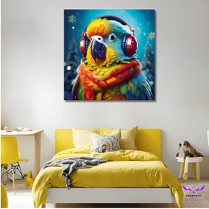Abart Art Tekli Kare Kanvas Çocuk Odası Müzik Dinleyen Papağan Tasarımı