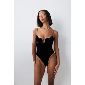 Heart Cup Velvet Siyah Bodysuit