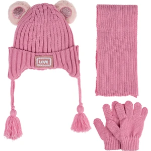 1-3 Yaş Kız Çocuk & Çocuk Çift Kulak Teddy Model- Içten Polarlı Atkı Bere Eldiven 3'lü Set