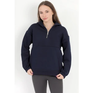 Kadın Lacivert 3 İplik Şardonlu Pamuk Karışım Yan Cepli Lastikli Kol Yarım Fermuarlı Kapüşonlu Sweatshirt - 2521