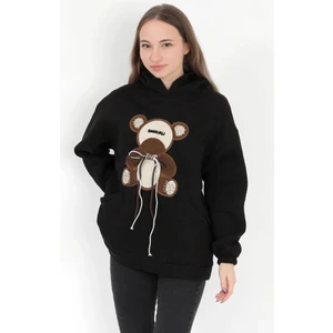 Kadın Siyah Garnili Ayıcık Nakışlı Cepli 3 İplik Şardonlu Kapüşonlu Sweatshirt - 2551