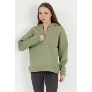 Kadın Yeşil 3 İplik Şardonlu Pamuk Karışım Yan Cepli Lastikli Kol Yarım Fermuarlı Kapüşonlu Sweatshirt - 2521