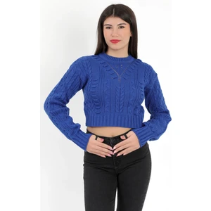 Kadın Saks Gofreli Crop Triko Kazak - 1556