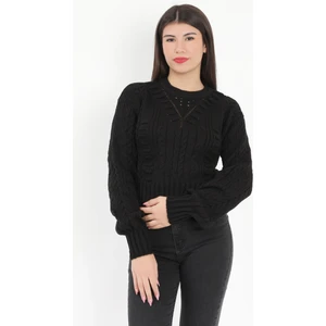 Kadın Siyah Gofreli Crop Triko Kazak - 1556