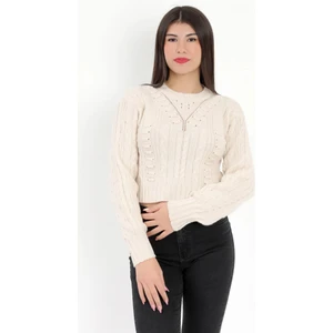 Kadın Ekru Gofreli Crop Triko Kazak - 1556