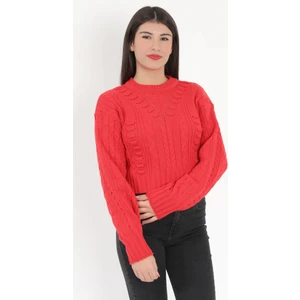 Kadın Kırmızı Gofreli Crop Triko Kazak - 1556