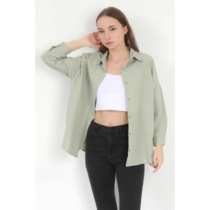 Kadın Yeşil Uzun Kollu Basic Pamuklu Oversize Gömlek - 3900