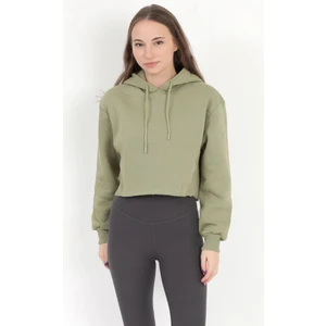 Kadın Yeşil Kapüşonlu Ribana Detaylı Üç İp Oversize Crop Sweatshirt Hoodie - 2543