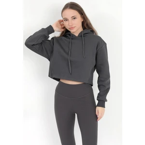Kadın Füme Kapüşonlu Ribana Detaylı Üç İp Oversize Crop Sweatshirt Hoodie - 2543