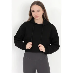 Kadın Siyah Kapüşonlu Ribana Detaylı Üç İp Oversize Crop Sweatshirt Hoodie - 2543