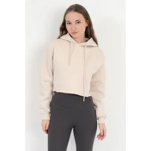 Kadın Bej Kapüşonlu Ribana Detaylı Üç İp Oversize Crop Sweatshirt Hoodie - 2543