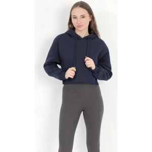 Kadın Lacivert Kapüşonlu Ribana Detaylı Üç İp Oversize Crop Sweatshirt Hoodie - 2543