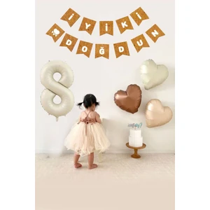 Atölye Mi 8 Yaş Doğum Günü Kraft Beyaz Iyi Ki Doğdun Banner 3 Adet Kalp Balonlu Süsleme Seti