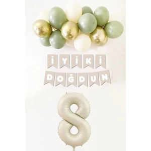 Atölye Mi 8 Yaş Doğum Günü Küf Yeşili Deniz Kumu Gold Balonlu Bannerlı Doğum Günü Balon Seti