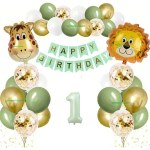 Düvenci Ticaret Safari Temalı Adaçayı Yeşili Rakam  Balon Set Aslan Zürafa Kafa Folyo