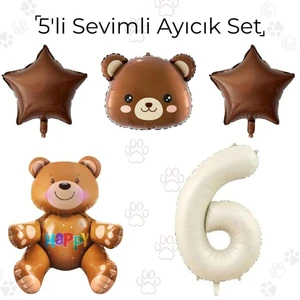 Konsept Sepeti Yaş Retro Renkler Sevimli Ayıcık Balon Seti 5'li Oturan Ayı Yıldız Ayı Kafası Retro Yaş Balon Seti