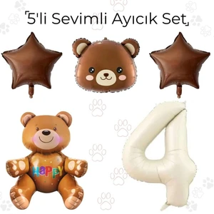 Konsept Sepeti Yaş Retro Renkler Sevimli Ayıcık Balon Seti 5'li Oturan Ayı Yıldız Ayı Kafası Retro Yaş Balon Seti