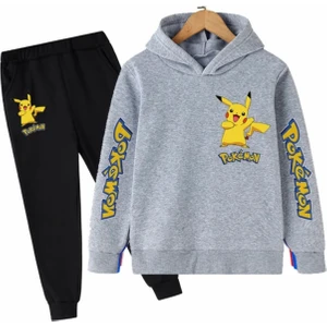 Kids Face Özel Tasarım Kapüşonlu Pokemon Baskılı Şardonlu Kışlık Trend Erkek Çocuk Eşofman Takımı
