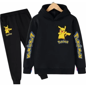Kids Face Özel Tasarım Kapüşonlu Pokemon Baskılı Şardonlu Kışlık Trend Erkek Çocuk Eşofmantakımı