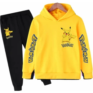 Kids Face Özel Tasarım Kapüşonlu Pokemon Baskılı Şardonlu Kışlık Erkek Çocuk Trend Eşofman Takımı