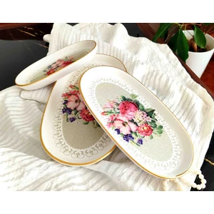 Ebruli Emaye Vintage Çiçek Demeti Dekor Stoneware  3 Lü Kayık Tabak Kahvaltı  Sunumluk