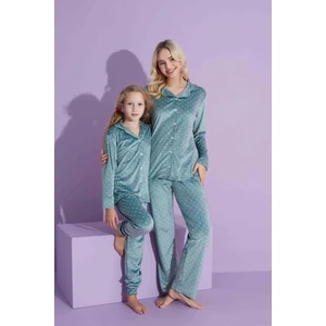 Yeni Sezon Puantiye Desenli Trend Model Kadife Anne/kız Çocuk Pijama Takımı 2800-MINT Puantiye