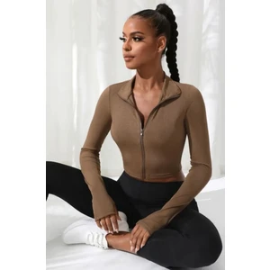 Fermuarlı Uzun Kollu Parmaklık Detaylı Dik Yaka Crop Top Bluz
