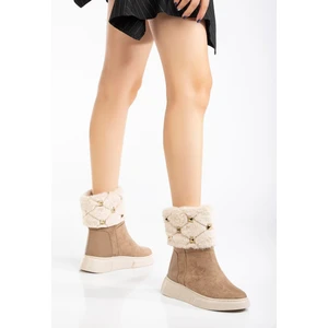 Dilimler Ayakkabı Kadın Düz Topuklu Bot Vizon Süet Kürklü Troklu