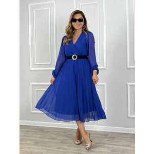 Kadın Şifon Kumaş Astalı Kloş Kesim Kruvaze Yaka Midi Boy Elbise