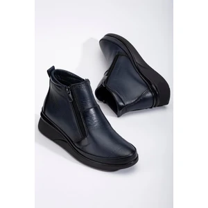 Dilimler Ayakkabı Hakiki Deri Ortopedik Kadın Bot Lacivert 2 Fermuarlı Dolgu Tabanlı