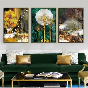 Zümrüt Gold Kombini Geyik Ağaç Kombini  Çerçeveli Temperli Cam Tablo 3'lü