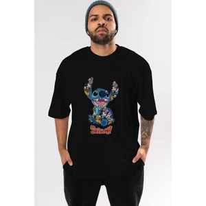 ankhisesStitch Ön Baskılı Siyah Oversize T-Shirt Bisiklet Yaka Erkek Kadın