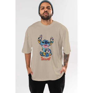 Stitch Ön Baskılı Bej Oversize T-Shirt Bisiklet Yaka Pamuk Erkek Kadın