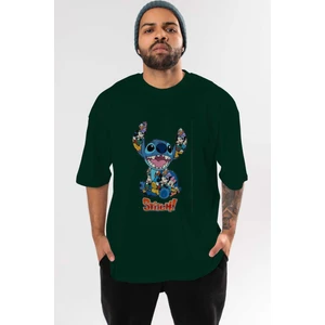 Stitch Ön Baskılı Zümrüt Yeşili Oversize T-Shirt Bisiklet Yaka Pamuk Erkek Kadın