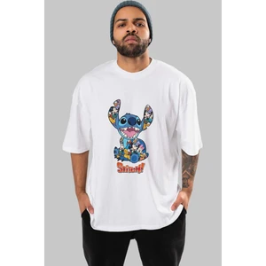 ankhises Stitch Ön Baskılı Beyaz Oversize T-Shirt Bisiklet Yaka Erkek Kadın