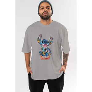 Stitch Ön Baskılı Gri Oversize T-Shirt Bisiklet Yaka Pamuk Erkek Kadın