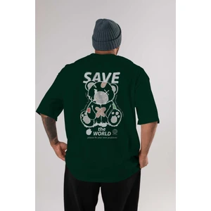 Save The World Bear Arka Baskılı Zümrüt Yeşili Oversize T-Shirt Erkek Kadın Bisiklet Yaka