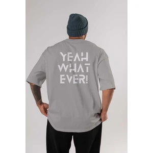 Yeah What Ever Yazılı Arka Baskılı Gri Oversize T-Shirt Unisex Erkek Kadın Bisiklet Yaka