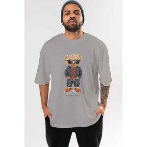 Teddy Bear Tarz Ön Baskılı Gri Oversize T-Shirt Unisex Erkek Kadın Bisiklet Yaka