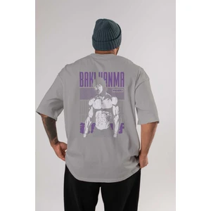 Bakı Hanma (2) Anime Arka Baskılı Gri Oversize T-Shirt %100 Pamuk Erkek Kadın