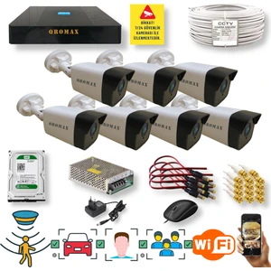 Qromax 7 Kameralı Set - Yapay Zeka Özellikli Gece Görüşlü 5 MP Sony Lensli FullHD Güvenlik Kamerası Seti 5136-9008