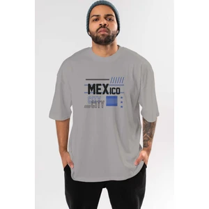 Mexico City Ön Baskılı Gri Oversize T-Shirt Unisex Erkek Kadın Bisiklet Yaka