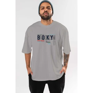 Brooklyn 56 Ön Baskılı Gri Oversize T-Shirt Unisex Erkek Kadın Bisiklet Yaka