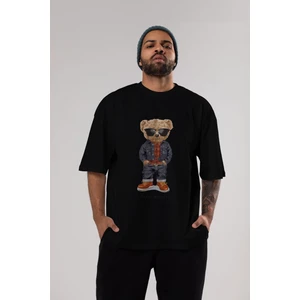 ankhises Teddy Bear Tarz Ön Baskılı Siyah Oversize T-Shirt Erkek Kadın Bisiklet Yaka