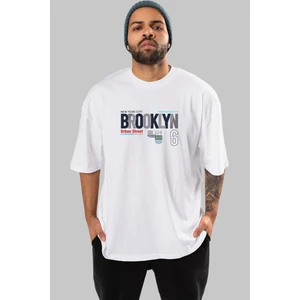 ankhises Brooklyn 56 Ön Baskılı Beyaz Oversize T-Shirt  Erkek Kadın Bisiklet Yaka