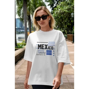 ankhises Mexico City Ön Baskılı Beyaz Oversize T-Shirt  Erkek Kadın Bisiklet Yaka