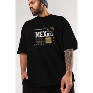 ankhises Mexico City Ön Baskılı Siyah Oversize T-Shirt  Erkek Kadın Bisiklet Yaka