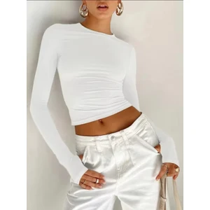 Gardıroza Bisiklet Yaka Parmak Detaylı Basic Body , Parmak Detaylı Body, Beyaz Parmak Detay Bluz